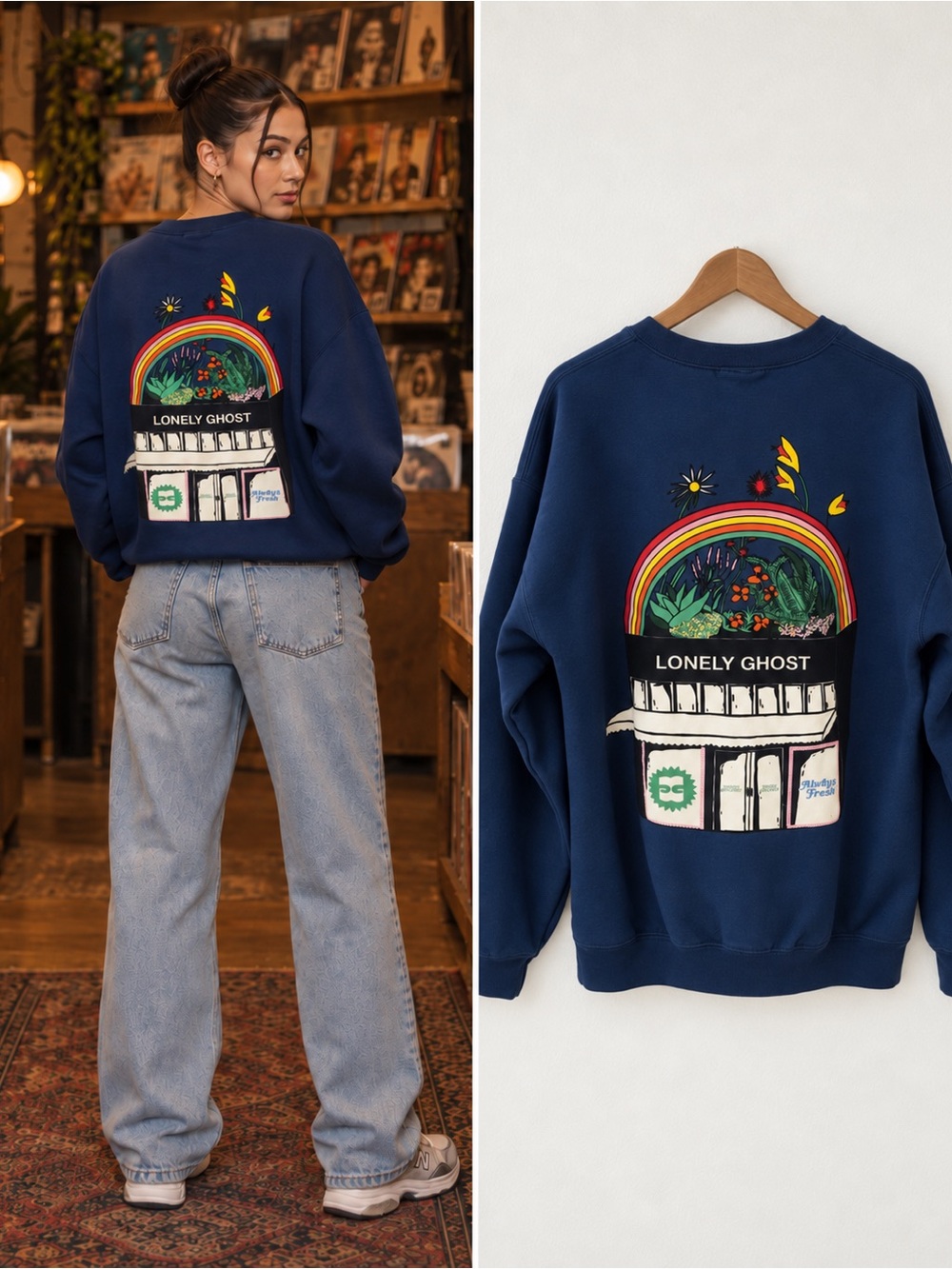 LONELY GHOST Blue Crewneck Sweatshirt ALways Fresh Large